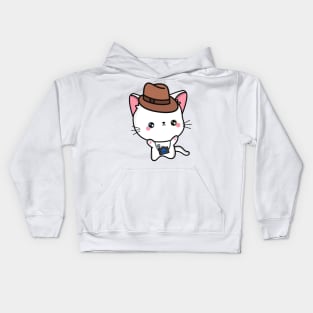 Funny angora cat is holding a camera Kids Hoodie